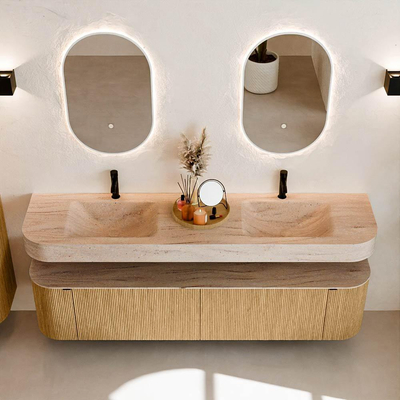 MONDIAZ THOR-DLUX Meuble de salle de bains 190cm arrondi gauche + droite couleur Oak avec 2 tiroirs et 2 portes. Vasque suspendue CLOUD Double 2 trous de robinet couleur Saba.