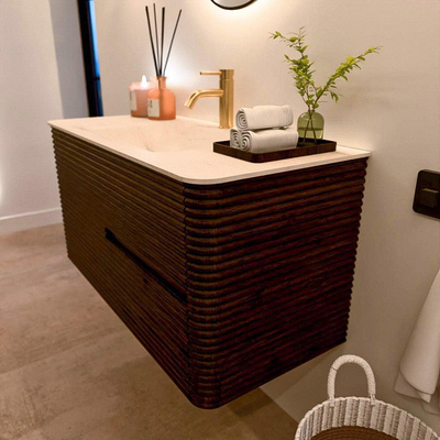 Mondiaz CIRO-DLUX Badkamermeubelset - 100x45x50cm - Solid surface wastafel Meli - 1 wasbak Midden - 1 kraangat - 2 lades - Walnut
