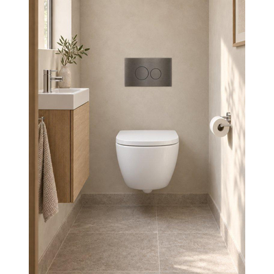 QeramiQ Dely Swirl Compact Toiletset - inbouwreservoir Geberit UP320 - met Burda frame - 25mm zitting - metalen bedieningsplaat gunmetal - ronde knoppen - mat wit
