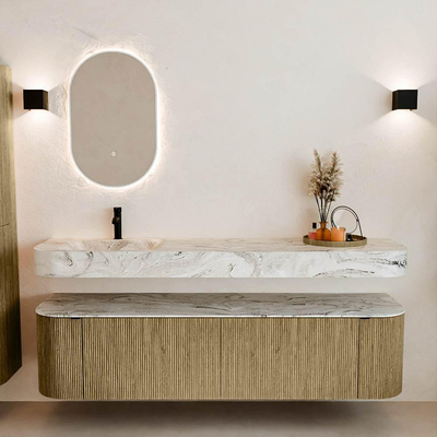 MONDIAZ THOR-DLUX 180cm meuble de salle de bains arrondi gauche + droite couleur Dusk avec 2 tiroirs et 2 portes. Vasque suspendue CLOUD Gauche 1 trou de robinet couleur Glace.