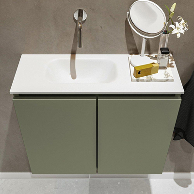 MONDIAZ TURE Toiletmeubel 60x23x50cm met 0 kraangaten 2 deuren army mat Wastafel Eden links Solid Surface Wit