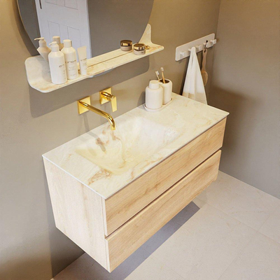 Mondiaz VICA-DLUX Ensemble de meuble de salle de bain - 100cm - meuble sous-vasque chêne blanchi - 2 tiroirs - lavabo encastré cloud gauche - sans trous de robinet - version haute de 60cm - frape