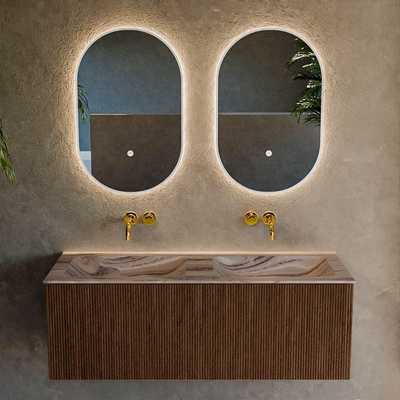 MONDIAZ KURVE-DLUX 120cm badmeubel kleur Walnut met 1 lade en 0 deuren. Wastafel LEAF Dubbel zonder kraangat Sombra.