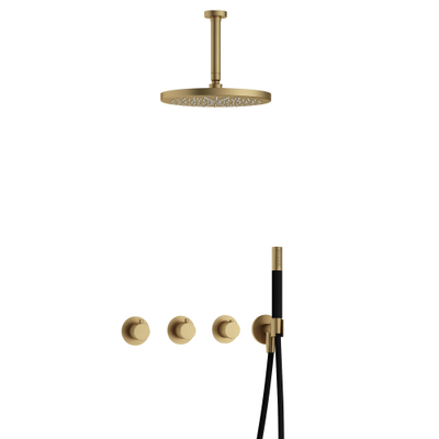 Hotbath Cobber IBS70 Regendoucheset - inbouw - 15cm plafondarm - 30cm ronde hoofddouche - staafhanddouche - geborsteld messing goud