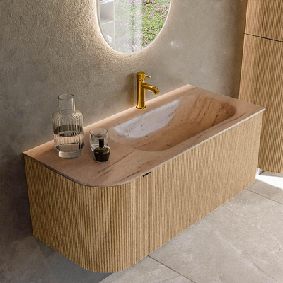 MONDIAZ KURVE-DLUX Meuble de salle de bains 105cm arrondi à gauche couleur Oak avec 1 tiroir et 1 porte. Lavabo BIG SMALL à droite 1 trou de robinet Saba.