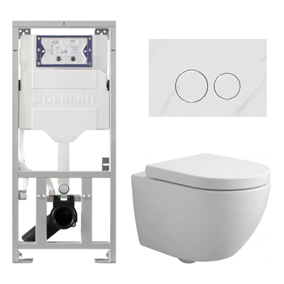 Pack WC QeramiQ Dely Swirl Compact - réservoir encastrable Geberit UP320 - avec bâti-support Burda - abattant 25 mm - plaque de commande en pierre naturelle marbre blanc - boutons ronds - blanc mat