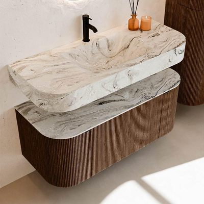 MONDIAZ THOR-DLUX 110cm badmeubel ronding links + rechts kleur Walnut met 1 lade en 2 deuren. Vrijhangende wastafel CLOUD Midden 1 kraangat kleur Glace.