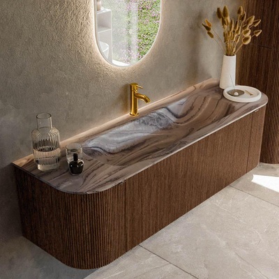 MONDIAZ KURVE-DLUX 150cm badmeubel ronding Links + Rechts kleur Walnut met 1 lade en 2 deuren. Wastafel BIG MEDIUM Midden 1 kraangat Sombra.