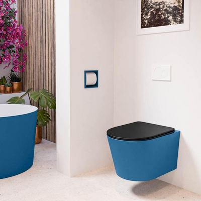 Mondiaz LAVIE hangtoilet – spoelrandloos – 36 x 53 cm – met softclose zitting – Jeans (blauw), zitting Urban (zwart)