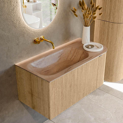 MONDIAZ KURVE-DLUX 95cm badmeubel ronding Rechts kleur Oak met 1 lade en 1 deur. Wastafel BIG SMALL Links zonder kraangat Saba.