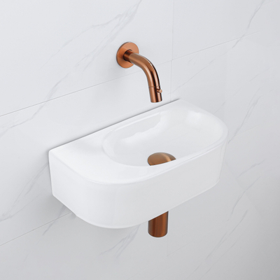 QeramiQ Fuente Ensemble de Lavabo - 40x21.5x12cm - lisse - demi-rond - céramique - ensemble de robinet en cuivre brossé - bouchon de vidange - siphon abaissé - blanc brillant
