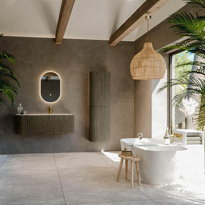 MONDIAZ KURVE-DLUX Meuble de salle de bains 125cm arrondi à gauche couleur Shadow avec 1 tiroir et 1 porte. Lavabo BIG MEDIUM à droite 1 trou de robinet Meli.