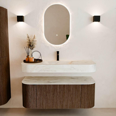 MONDIAZ THOR-DLUX 120cm badmeubel ronding links + rechts kleur Walnut met 1 lade en 2 deuren. Vrijhangende wastafel CLOUD Midden 1 kraangat kleur Ostra.