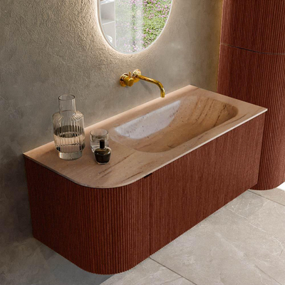 MONDIAZ KURVE-DLUX meuble de salle de bains 105cm arrondi à gauche couleur Ruby avec 1 tiroir et 1 porte. Lavabo BIG SMALL à droite sans trou de robinet Saba.