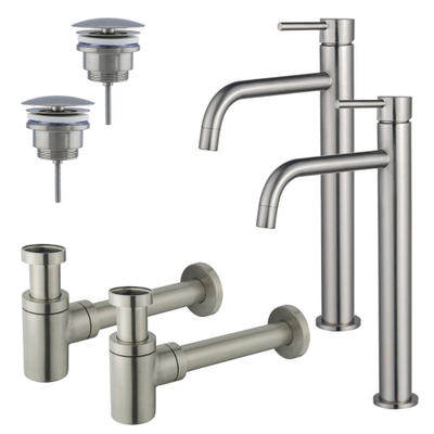 FugaFlow Eccelente Sobrado Badkamer Slim Wastafelkraanset - voor dubbele wastafel - verhoogde wastafelkraan - always open plug - verlaagde design sifon - PVD Geborsteld RVS