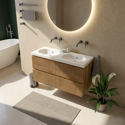 Saniclass Holz Atelier Ensemble de meubles de salle de bains - 120x45x63.5cm - lavabo Palermo en céramique blanc - 2 vasques - sans trous de robinet - 2 tiroirs - chêne naturel mat (bois)