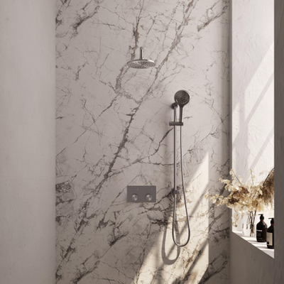 BRAUER Brushed Carving Douche de pluie thermostatique encastrée - boutons poussoirs - SET 69 - tête de douche 20cm - bras mural courbé - douchette 3 jets - flexible de douche - barre de douche intégrée - inox brossé PVD