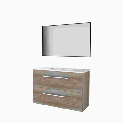 Basic-Line Framed 39 badkamermeubelset - 100x39cm - met grepen - 2 lades - porseleinen wastafel - 1 kraangat - Spiegel - mat zwart aluminium frame - rondom - MFC Scotch Oak