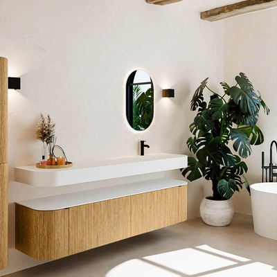 MONDIAZ THOR 190cm badmeubel ronding links + rechts kleur Oak met 2 lades en 2 deuren. Vrijhangende wastafel CLOUD Rechts 1 kraangat kleur Talc.