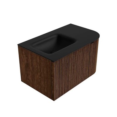 MONDIAZ KURVE 75cm badmeubel met module 25 R kleur Walnut met 1 lade en 1 deur. Wastafel GRUNNE links 1 kraangat Urban.