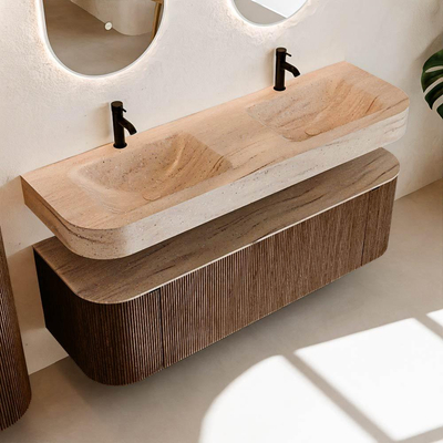 MONDIAZ THOR-DLUX 150cm badmeubel ronding links + rechts kleur Walnut met 1 lade en 2 deuren. Vrijhangende wastafel CLOUD Dubbel 2 kraangaten kleur Saba.