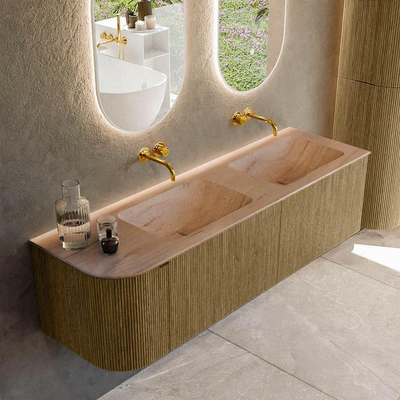 MONDIAZ KURVE-DLUX meuble de salle de bains 155cm arrondi à gauche couleur Dusk avec 2 tiroirs et 1 porte. Lavabo LEAF Double / Droite sans trou de robinet Saba.