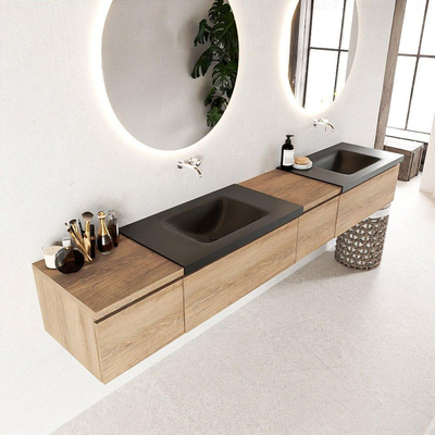 MONDIAZ BUKLA 240cm ensemble de meuble avec module 40 à droite couleur Chêne blanchi avec 4 tiroirs. Lavabo CLOUD double 0 trou de robinet couleur Urbaine.