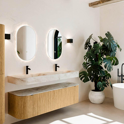 MONDIAZ THOR-DLUX 160cm meuble de salle de bains arrondi gauche + droite couleur Oak avec 1 tiroir et 2 portes. Vasque suspendue CLOUD Double 2 trous de robinet couleur Frappe.