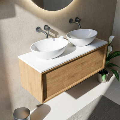 Saniclass Holz Frame Ensemble de meuble de salle de bains - 120x45x42.5cm - plan de toilette Torino en Solid Surface blanc - sans trou de robinet - 1 tiroir - chêne natural mat (bois)