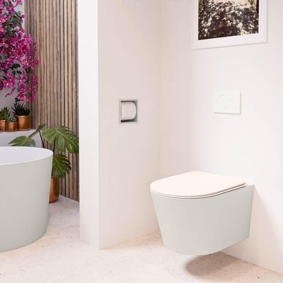 Mondiaz LAVIE hangtoilet – spoelrandloos – 36 x 53 cm – met softclose zitting – Linen (offwhite), zitting Rosee (roze)