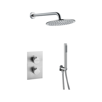 FugaFlow Eccelente Acces Ensemble de douche de tête encastré - thermostatique - bras mural - douche de tête 30cm - douchette à main sur barre - flexible de douche lisse - Inox brossé PVD
