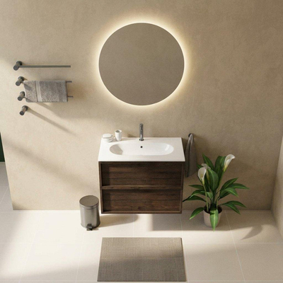 Saniclass Holz Frame Ensemble meuble de salle de bains - 80x45x73.9cm - Lavabo en céramique Chaci blanc - 1 vasque - 1 trou de robinetterie - 2 tiroirs - chêne charcoal mat (bois)