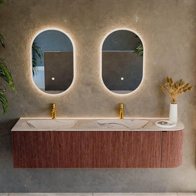 MONDIAZ KURVE-DLUX 175cm meuble de salle de bains arrondi Droite couleur Ruby avec 2 tiroirs et 1 porte. Lavabo STOR SMALL Double / Gauche 2 trous de robinet Nata.