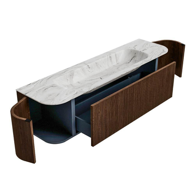 MONDIAZ KURVE-DLUX Meuble de salle de bains 170 cm avec module 25 Len R couleur Walnut avec 1 tiroir et 2 portes. Lavabo BIG LARGE central 2 trous de robinet couleur Glace.