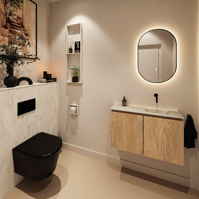 MONDIAZ TURE-DLUX Meuble toilette - 80cm - Washed Oak - EDEN - vasque Ostra - position droite - sans trou de robinet