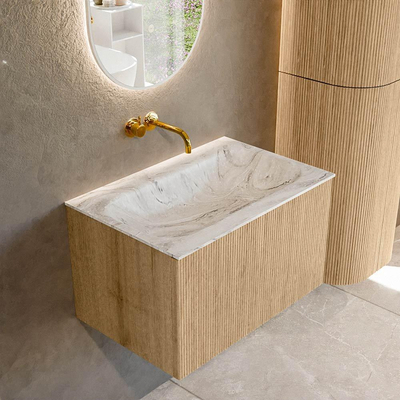 MONDIAZ KURVE-DLUX 70cm Meuble salle de bain - couleur Oak - 1 tiroir - vasque BIG SMALL centre - sans trou de robinet - couleur Glace