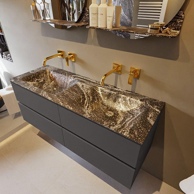 Mondiaz VICA-DLUX ensemble de meuble de salle de bain - 130cm - meuble sous-vasque gris foncé - 4 tiroirs - lavabo encastré cloud double - sans trous de robinet - version haute de 60cm - lave