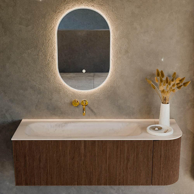 MONDIAZ KURVE-DLUX Meuble de salle de bains 135cm arrondi à droite couleur Walnut avec 1 tiroir et 1 porte. Lavabo BIG MEDIUM à gauche sans trou de robinet Meli.