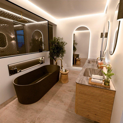 Mondiaz CIRO-DLUX Meuble de salle de bains - 190x45x50cm - Plan vasque solid surface Sombra - 2 vasques double - sans trous de robinetterie - 4 tiroirs - Chêne