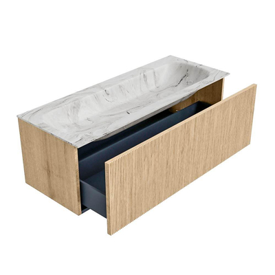 MONDIAZ KURVE-DLUX 120cm badmeubel kleur Oak met 1 lade. Wastafel BIG LARGE midden 2 kraangaten kleur Glace.