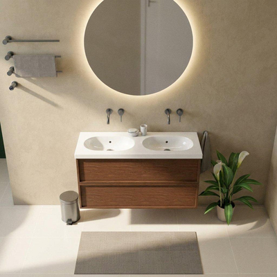 Saniclass Holz Frame Ensemble de meuble de salle de bains - 120x45x63.5cm - lavabo en céramique Palermo blanc - 2 vasques - sans trous de robinetterie - 2 tiroirs - walnut pure mat (bois)