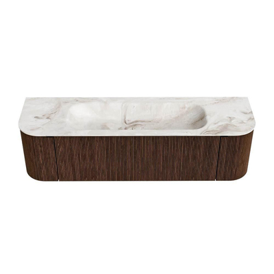 MONDIAZ KURVE-DLUX 160cm badmeubel met module 25 Len R kleur Walnut met 1 lade en 2 deuren. Wastafel BIG MEDIUM midden 1 kraangat kleur Frappe.