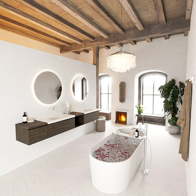 MONDIAZ BUKLA 240cm ensemble de meuble avec module ouvert 40 à droite couleur Marron Foncé avec 3 tiroirs. Lavabo CLOUD double 0 trou de robinet couleur Talc.