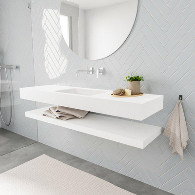 MONDIAZ ALAN 150cm - Ensemble meuble de salle de bains - solid surface - tablette avec lavabo suspendu - vasque au milieu - 0 trous de robinet - talc