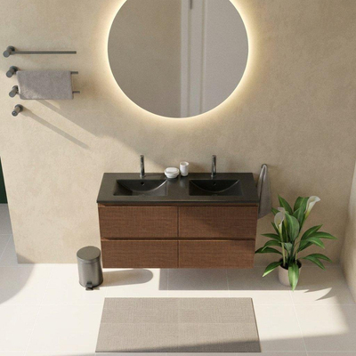 Saniclass Holz Atelier Ensemble de meubles de salle de bains - 120x45x62cm - lavabo Vygo en céramique noir - 2 vasques - 2 trous de robinet - 2 tiroirs - noyer pure mat (bois)