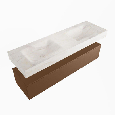 Mondiaz ALAN-DLUX Ensemble de meuble - 150cm - meuble Rust mat - 1 tiroir - Lavabo Cloud Ostra suspendu - vasque Gauche et droite - 2 trous de robinet