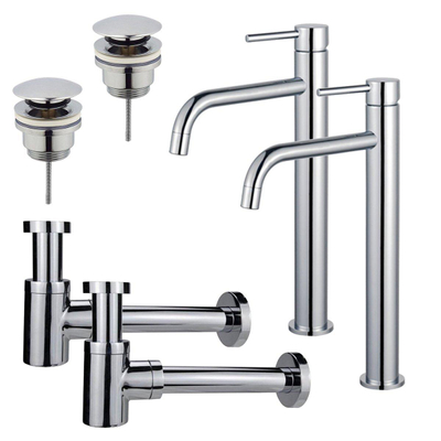 FortiFura Calvi Kit robinet lavabo - pour double vasque - robinet rehaussé - bonde clic clac - siphon design bas - Chrome brillant