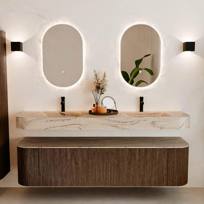 MONDIAZ THOR-DLUX 180cm badmeubel ronding links + rechts kleur Walnut met 2 lades en 2 deuren. Vrijhangende wastafel CLOUD Dubbel 2 kraangaten kleur Arena.