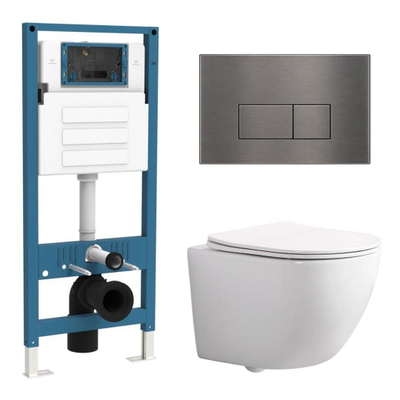 QeramiQ Dely Swirl Compact Ensemble WC - réservoir encastré QeramiQ flush - abattant slim - plaque de commande métallique gunmetal - boutons rectangulaires - blanc brillant