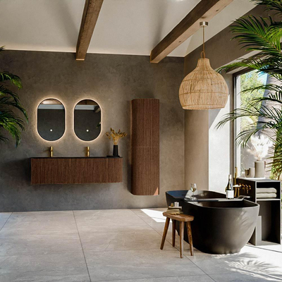 MONDIAZ KURVE Meuble de salle de bains 145 cm avec module 25 R couleur Walnut avec 1 tiroir et 1 porte. Lavabo CLOUD double / à gauche 2 trous de robinet Urban.